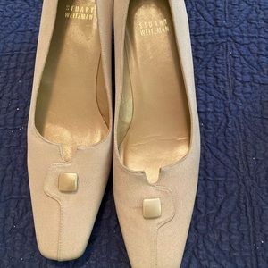 Stuart Weitzman creamy fabric iridescent gold heal